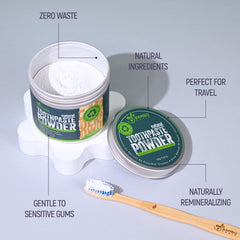 Zero-waste packaging detail of BAMBOEARTH toothpaste powder