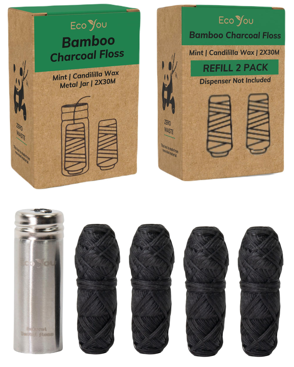 Bamboo charcoal dental floss with mint flavor in a reusable metal holder