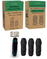 Hero image: Bamboo charcoal dental floss with mint wax and glass holder