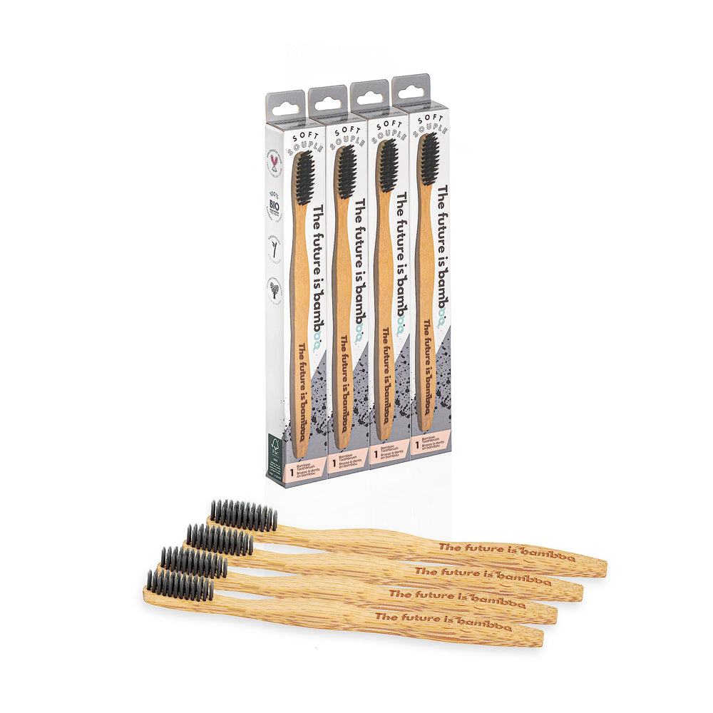Front view of bamboo charcoal toothbrush pack of 4