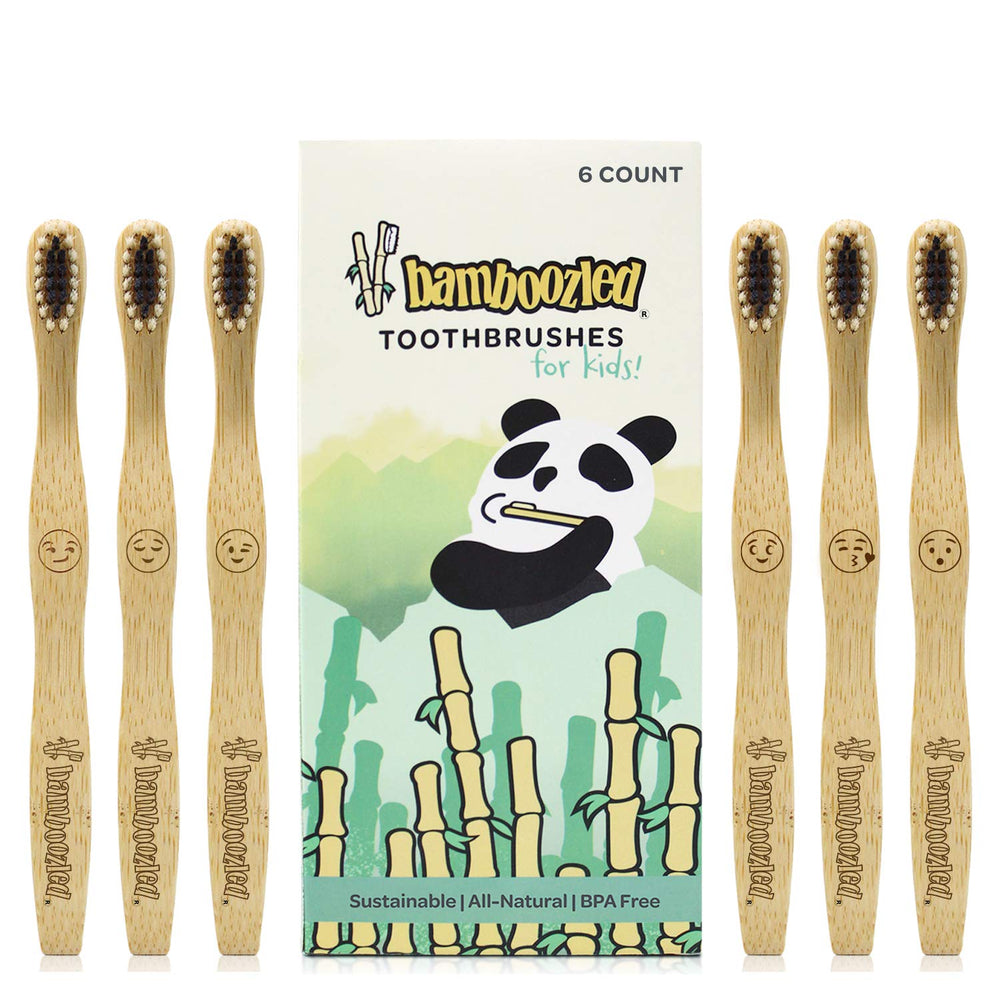 Six-pack of Bamboozled Kids Bamboo Toothbrushes with child-sized handles