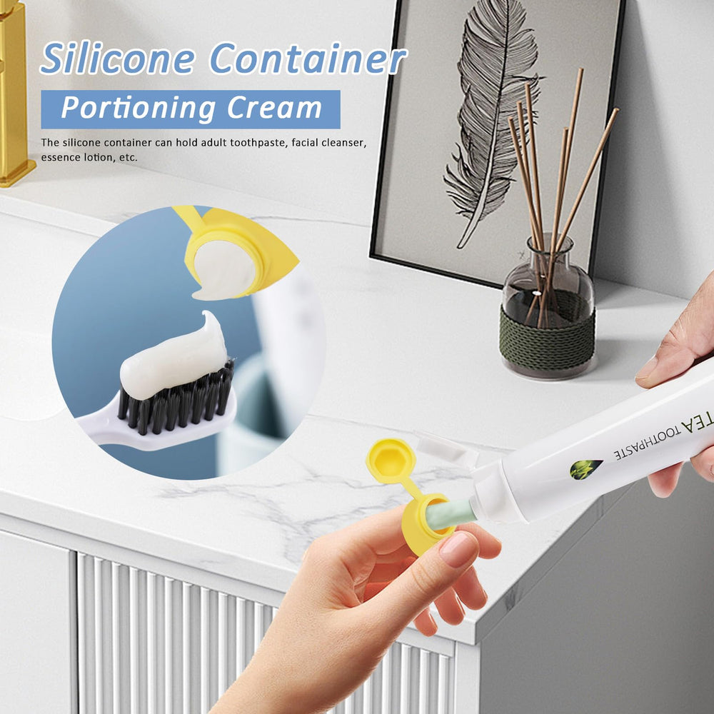 Yellow banana toothbrush cover shown in travel setup