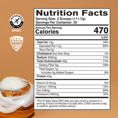 BARE Strong Food Cinnamon Roll scoop shows 40 g protein per serving for sustained energy.