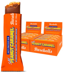 BAREBELLS Soft Protein Bar Salted Peanut Caramel packaging shows two boxes for convenient daily snacks.