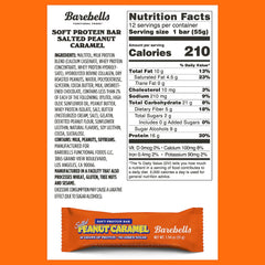 BAREBELLS Soft Protein Bar Salted Peanut Caramel unwrapped bar reveals soft texture ideal for quick bite.