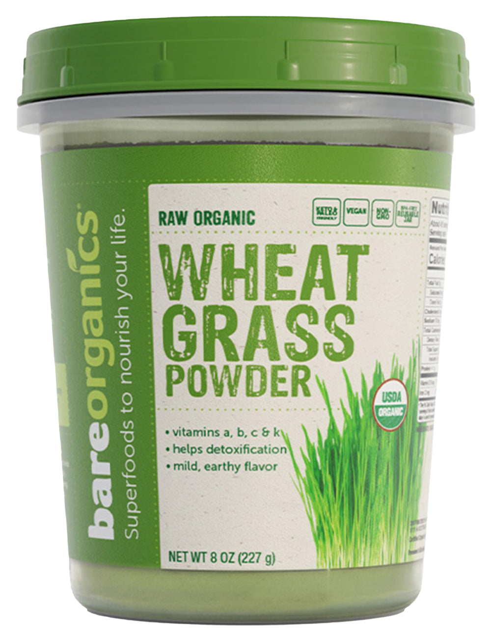 Front view of BareOrganics Wheatgrass Powder 8 oz