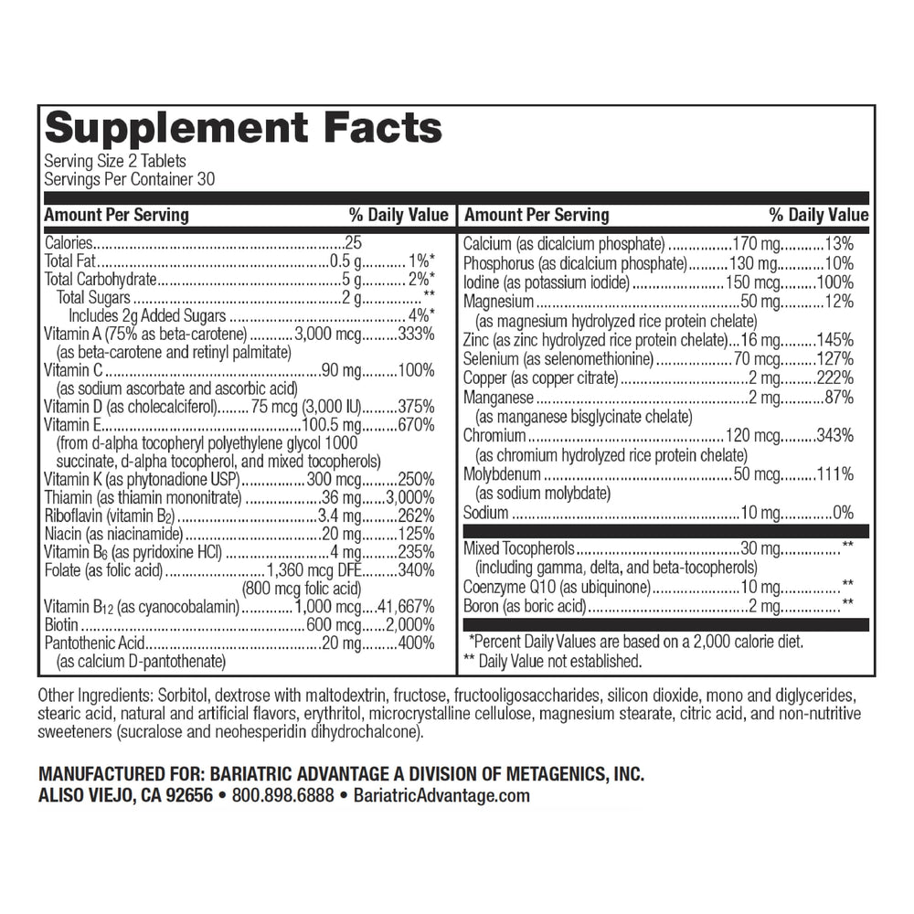 Back panel with nutrition information for Bariatric Advantage Chewable Advanced Multi EA Without Iron Mixed Fruit