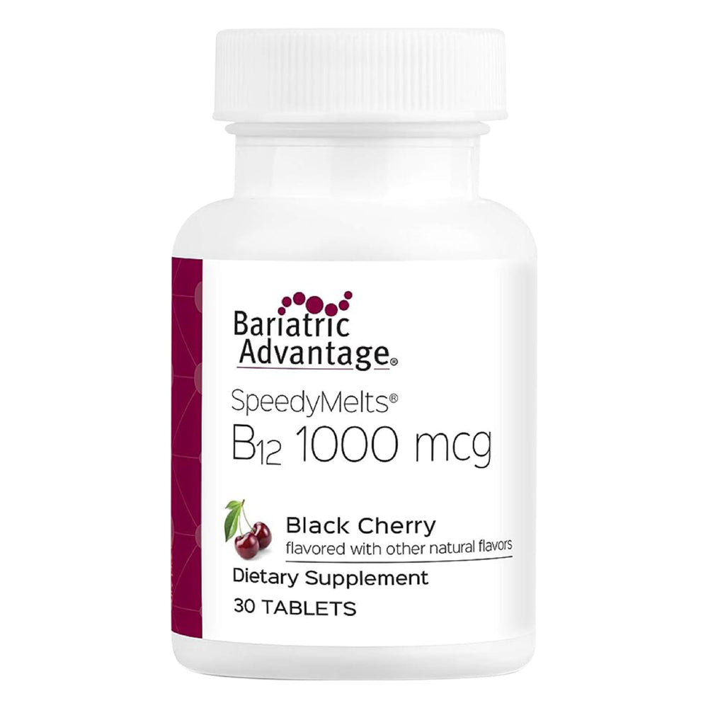 Bariatric Advantage B-12 Speedy Melts bottle and tablets - Black Cherry flavor