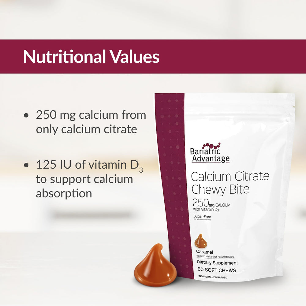 Front label highlighting 250 mg calcium per chew and Vitamin D3