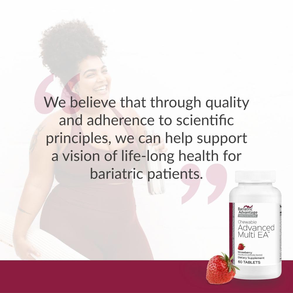 Product image set showing tablets and bottle for Bariatric Advantage Chewable Advanced Multi EA