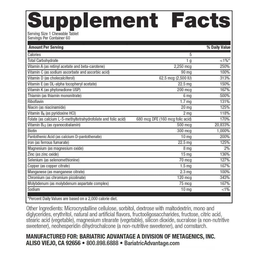 Close-up of chewable ADEK vitamins with iron for bariatric recovery