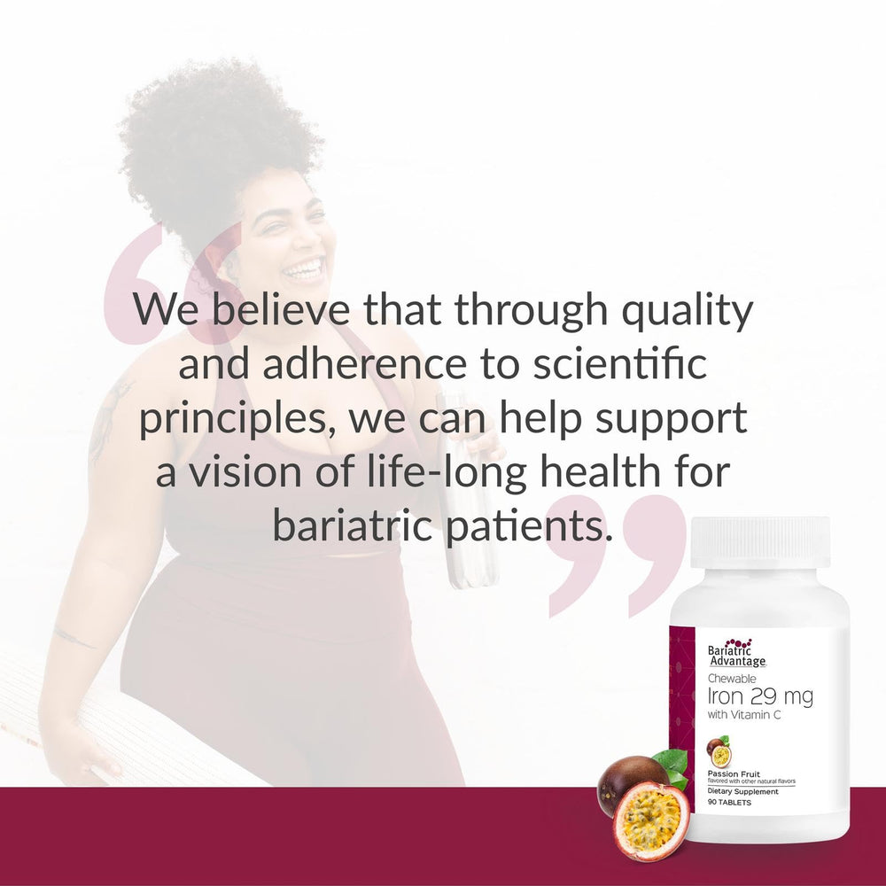 90-count bottle of Bariatric Advantage Chewable Iron 29 mg Passion Fruit