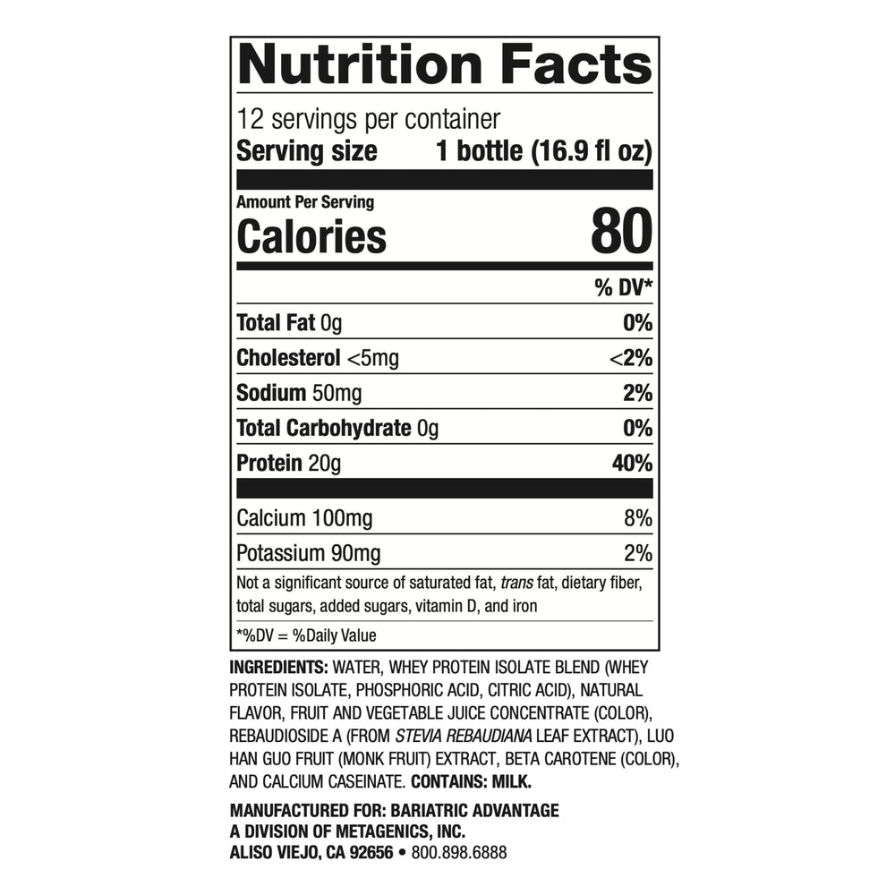 Bariatric Advantage Clearly Protein pour demonstrates 20 g protein per serving for post-meal boost.