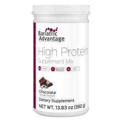 Bariatric Advantage high-protein supplement powder bottle shows 20 g protein per serving in a low-sugar formula.