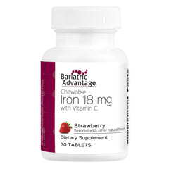 Front view of Bariatric Advantage Iron 18 mg with Vitamin C Chewable Strawberry bottle