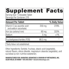 Close-up of chewable iron tablet showing 60 mg iron and Vitamin C
