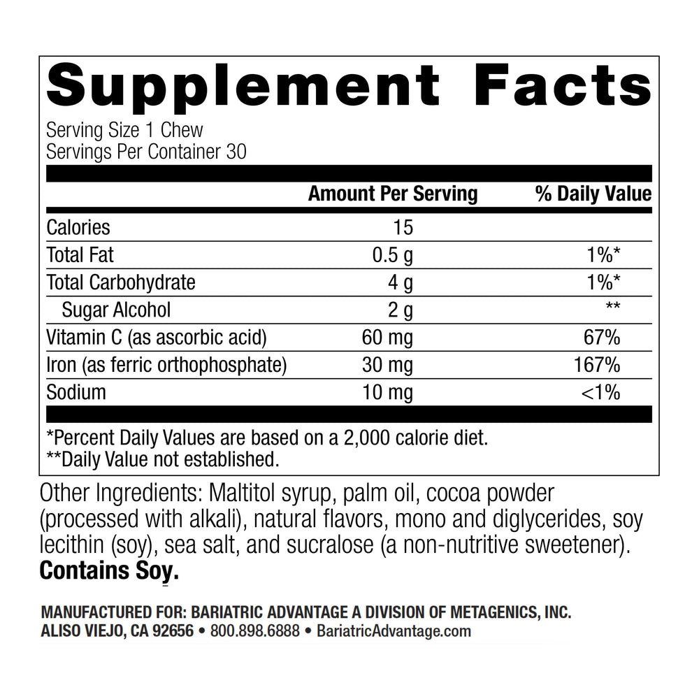Packaging of Bariatric Advantage Iron Chewy Bite with label