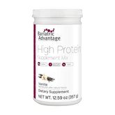 Bariatric Advantage vanilla protein powder tub front shows protein-rich formula for post-surgery support