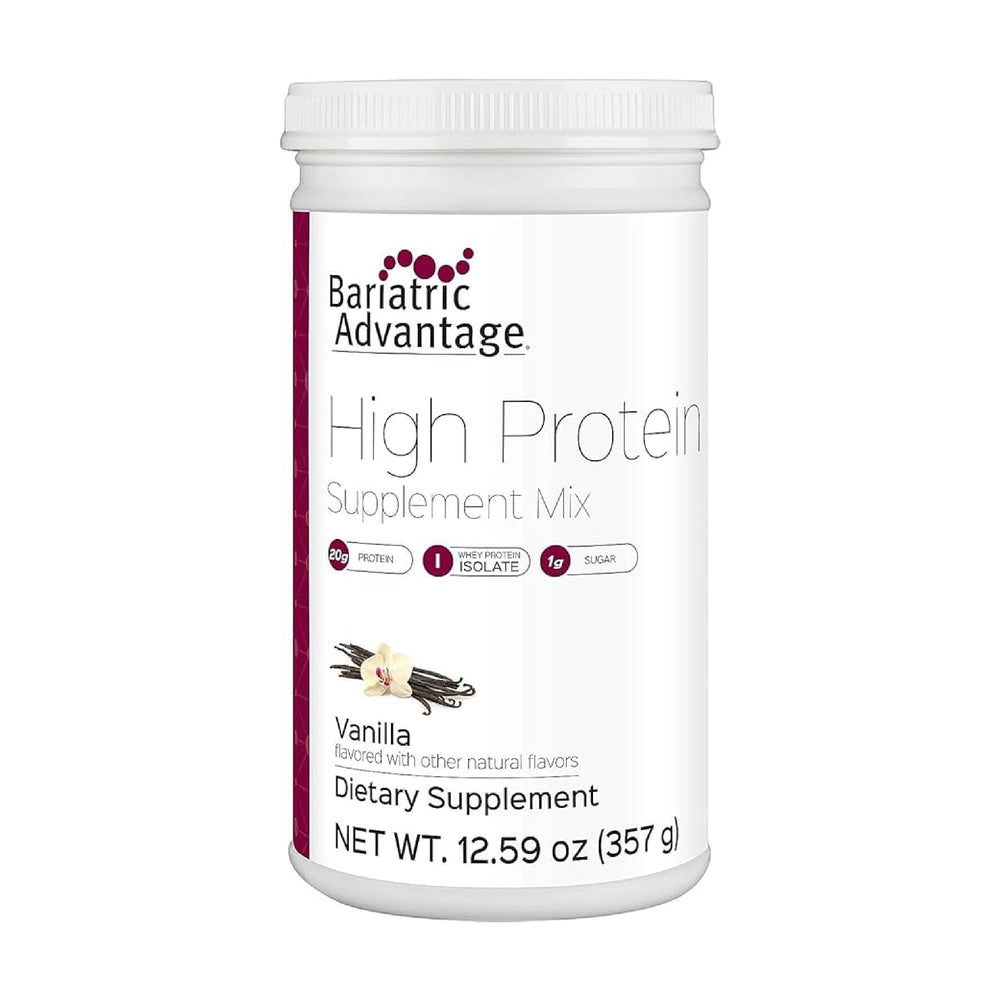 Bariatric Advantage vanilla protein powder tub front shows protein-rich formula for post-surgery support