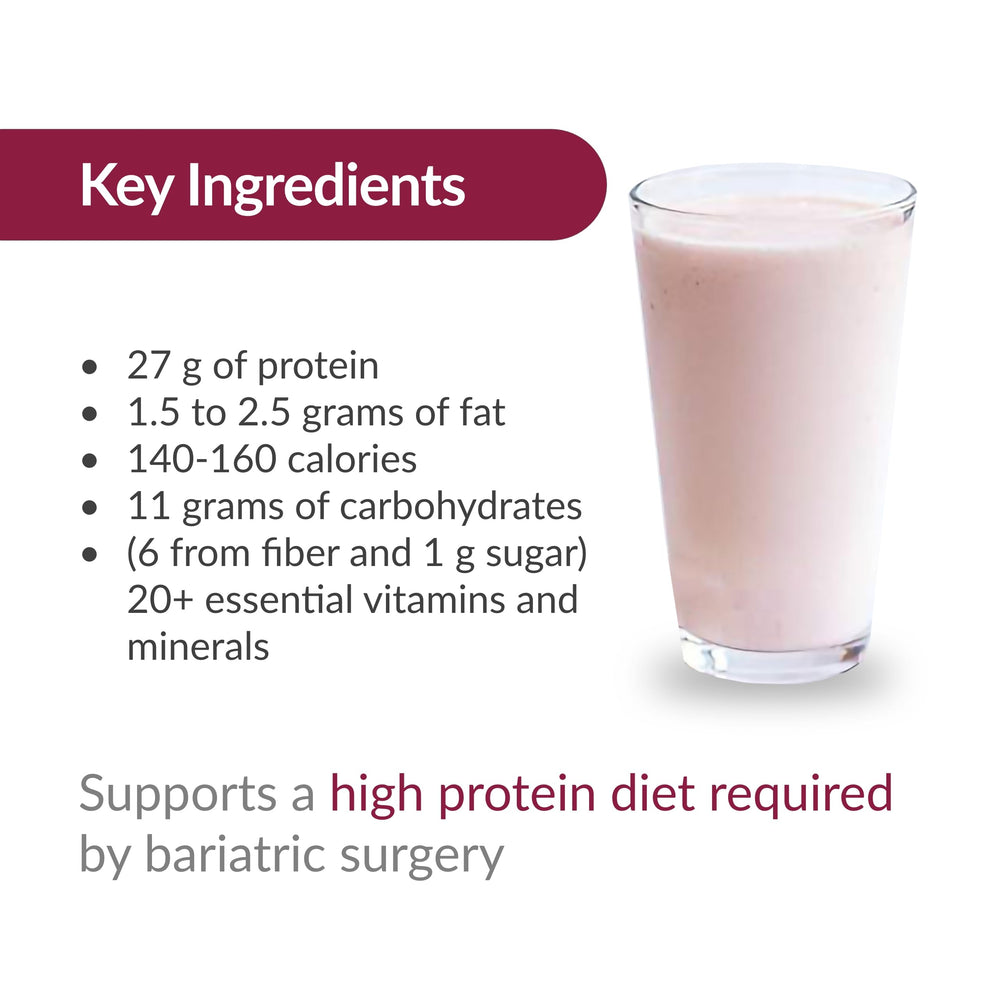 Bariatric Advantage strawberry shake being poured indicates flavorful, easy-to-consume protein drink.