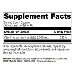 Bottle label showing Vitamin A 3,000 mcg for bariatric patients