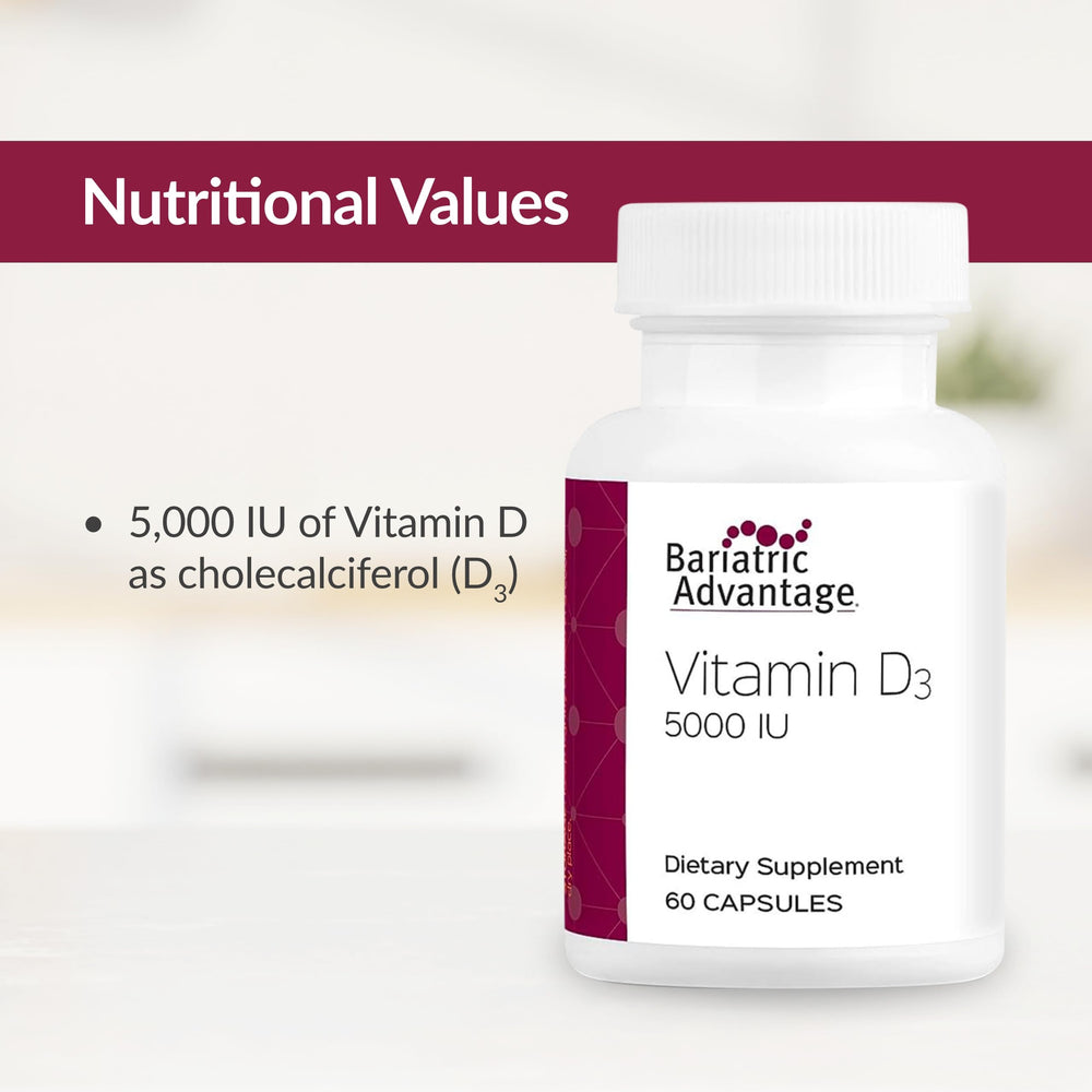 Water-miscible Bariatric Advantage Vitamin D3 capsules designed for fat-malabsorption scenarios.