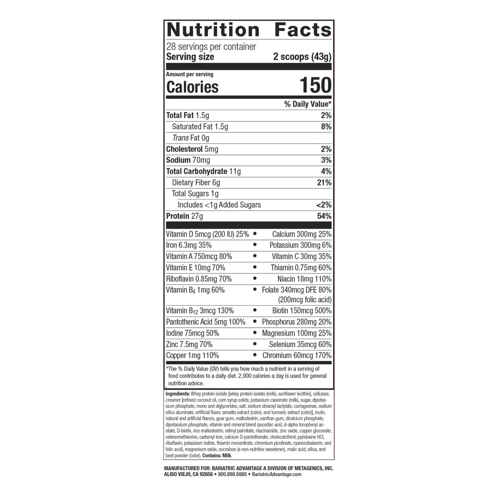Bariatric Advantage whey protein isolate 27g label highlights high-quality protein for muscle health.