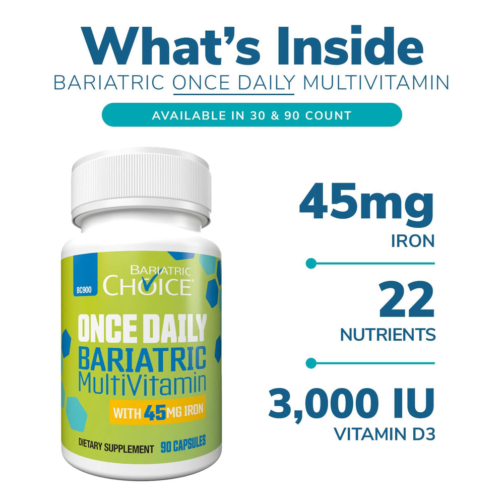 Bariatric Choice Once-Daily capsule close-up, smooth pill for gentle digestion.