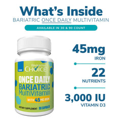 Bariatric Choice Once-Daily capsule close-up, smooth pill for gentle digestion.