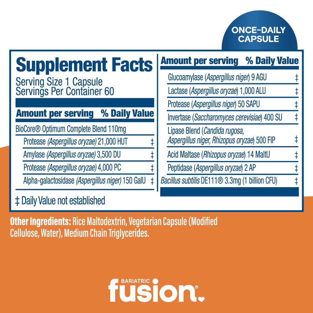 Digestive enzyme capsules next to bottle illustrating product usage