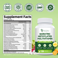 Bottle label showing 21 essential nutrients for bariatric patients