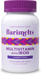Barimelts Bariatric Multivitamin with Iron bottle front showing 60 blueberry-flavored tablets