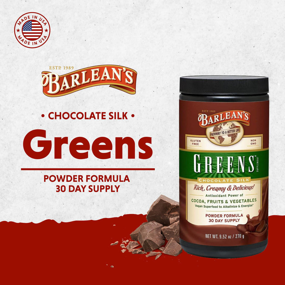 Nutrition facts panel for Barlean's Chocolate Greens Powder