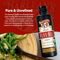 Mild nutty flavor of Barlean's Flaxseed Oil in glass
