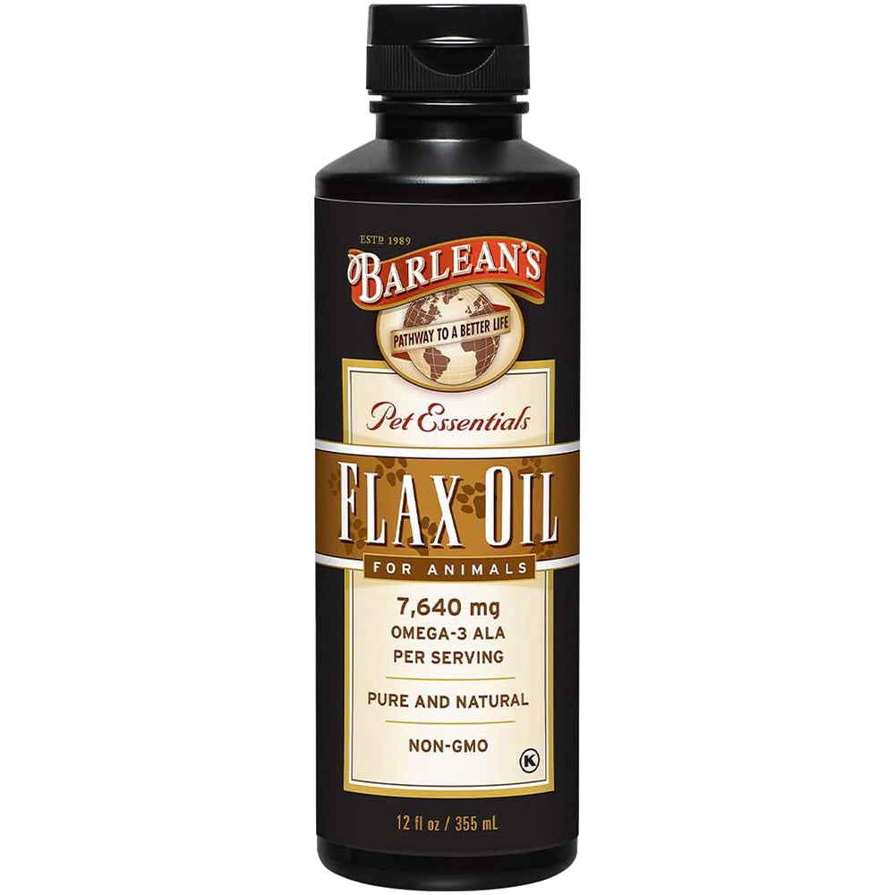 Barlean's Flaxseed Oil for Animals bottle close-up
