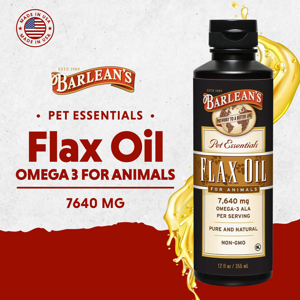 Pouring Barlean's Flaxseed Oil for Animals into a pet dish