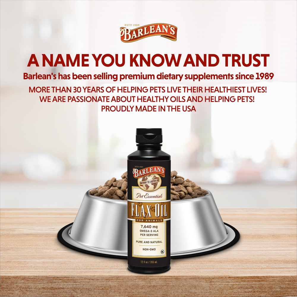 Pet coat health concept with Barlean's Flaxseed Oil for Animals