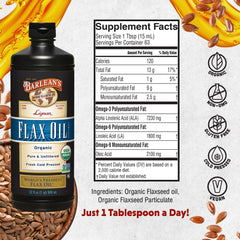 Pouring Barlean's flaxseed oil from a spoon