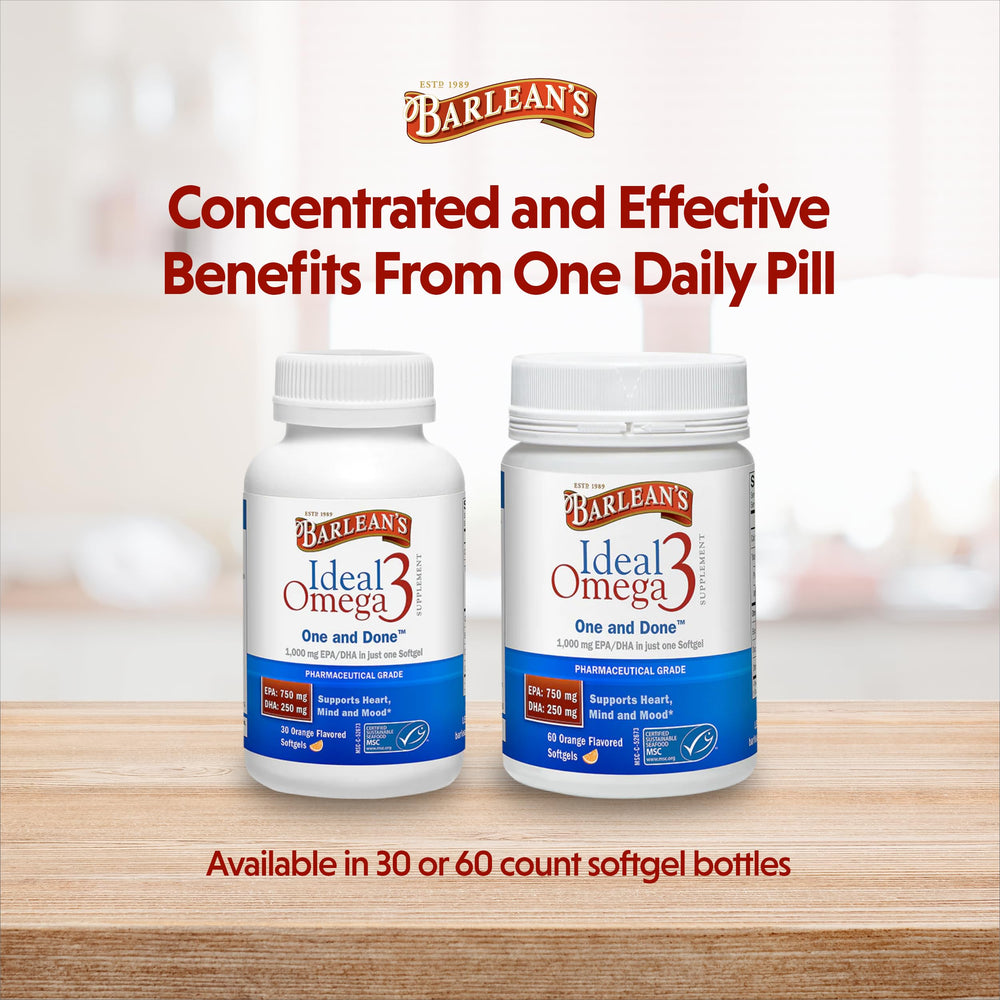 Close-up of Barlean's Omega 3 orange-flavored softgel bottle