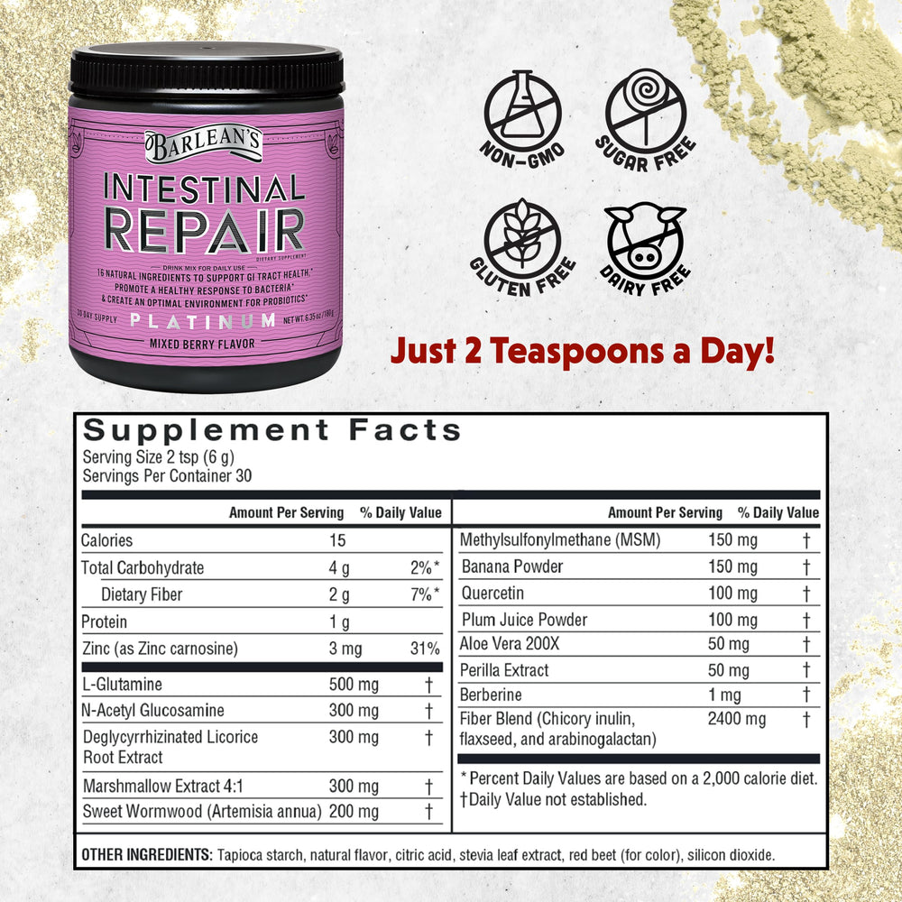 Serving scoop pouring Barlean's Intestinal Repair powder into a glass