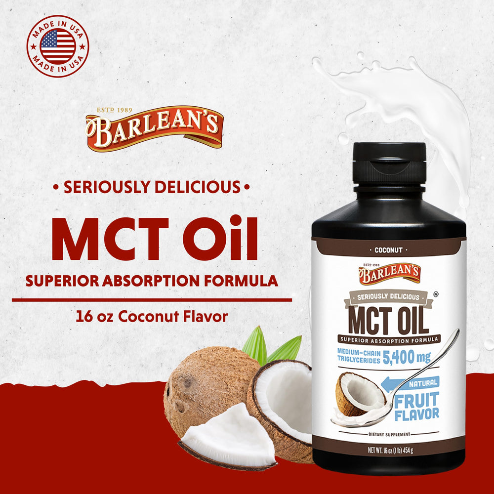 Close-up of Barlean's MCT Oil Coconut Flavor label showing 5,400 mg
