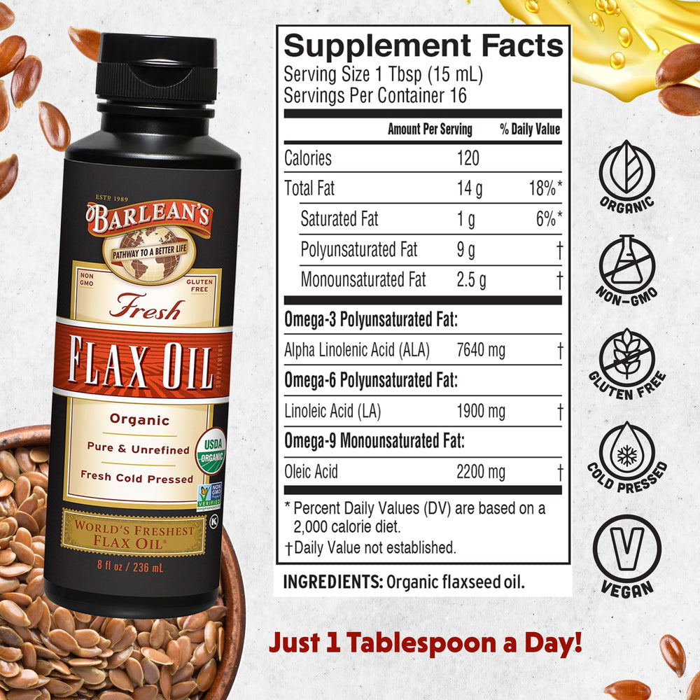 Barlean's Flaxseed Oil bottle with label, 8 oz