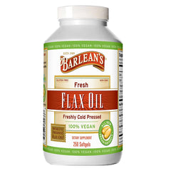 Barlean's Vegan Flaxseed Oil Softgels label showing 1650 mg ALA per serving