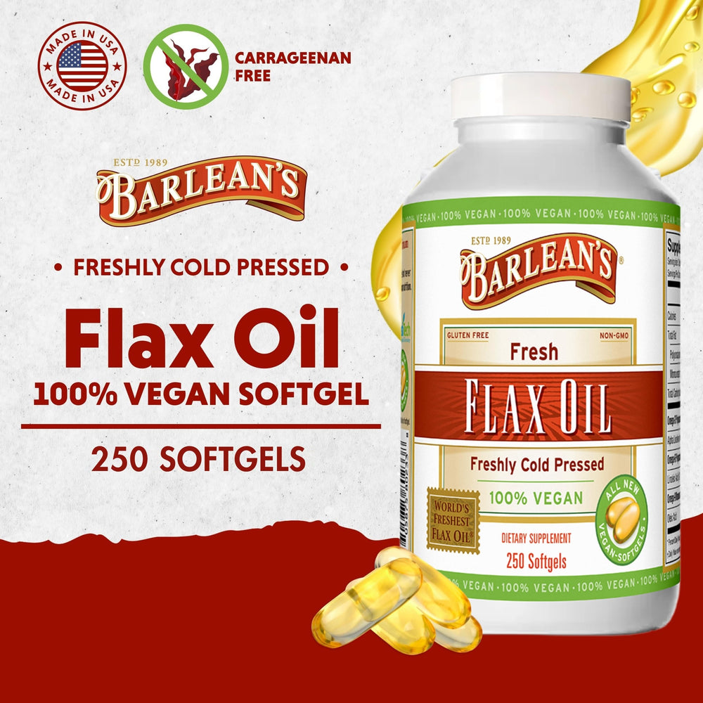 Front view of Barlean's vegan flaxseed oil softgels bottle