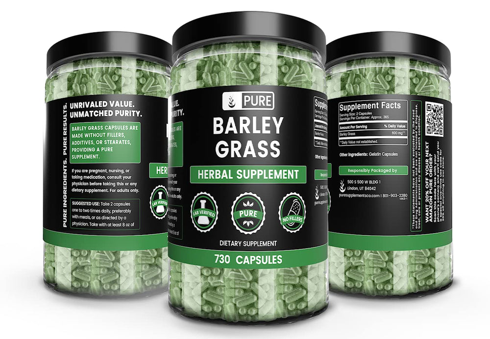 Front label of barley grass capsules showing single-ingredient formula