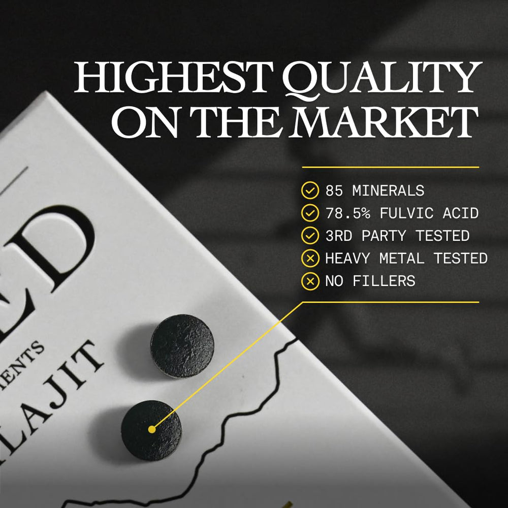 Close-up of Based Shilajit tablets label and ingredients