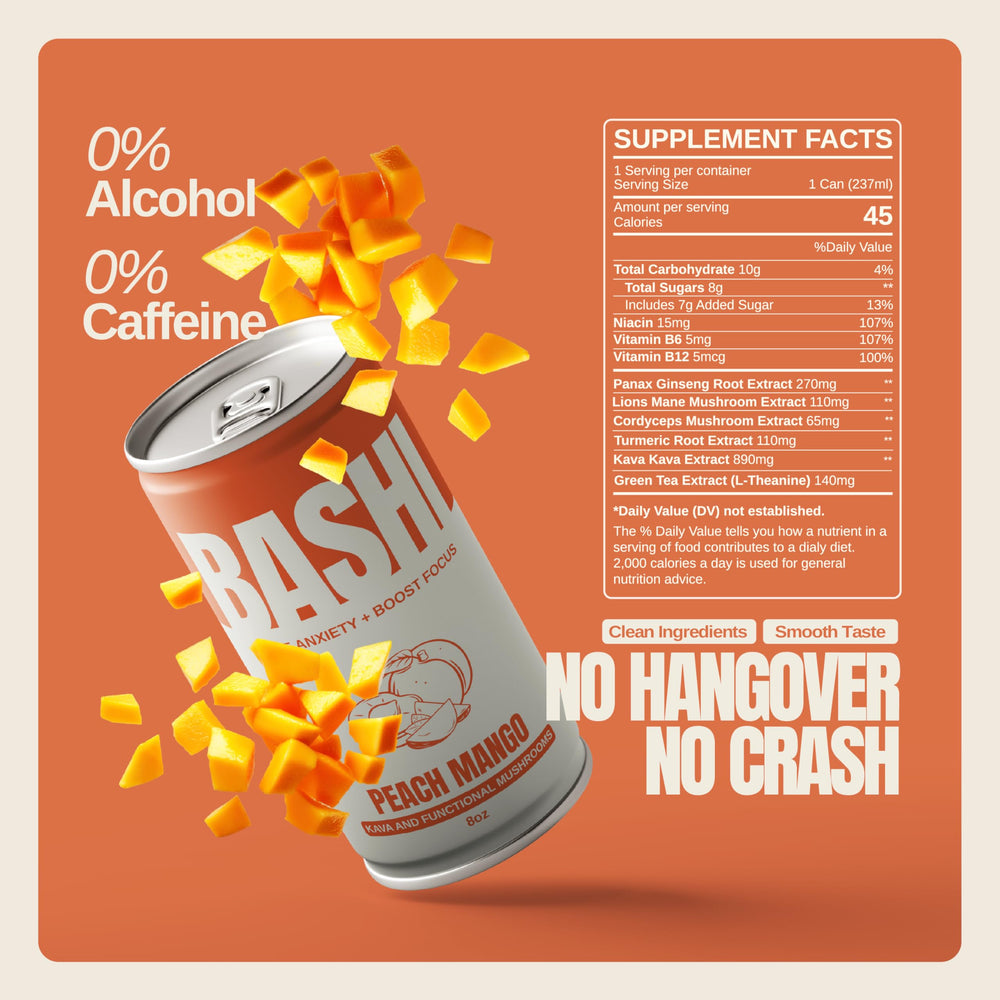 Close-up of Bashi Kava Drink Peach Mango 8oz can