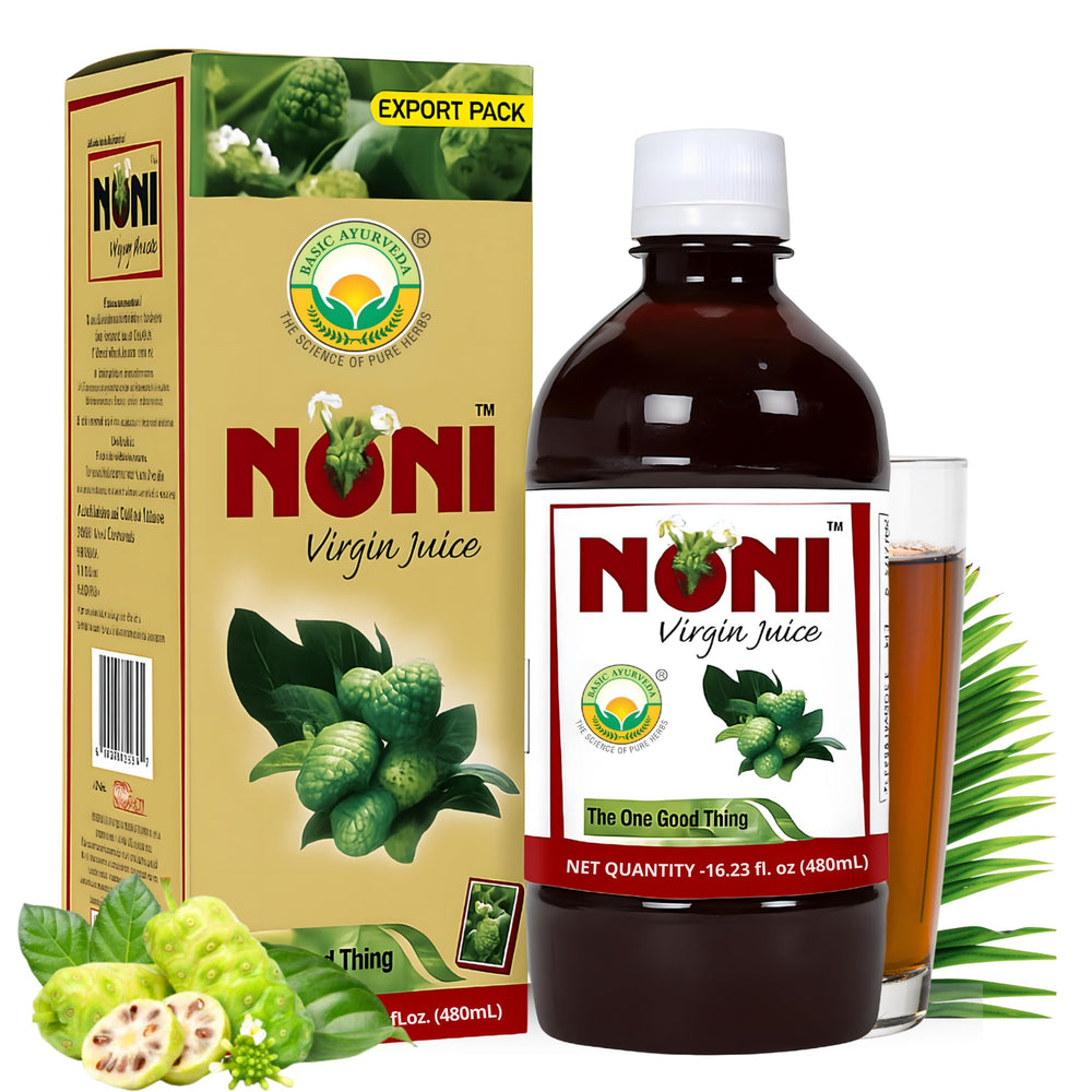 Front view of BASIC AYURVEDA Noni Virgin Fruit Juice bottle, 480ml