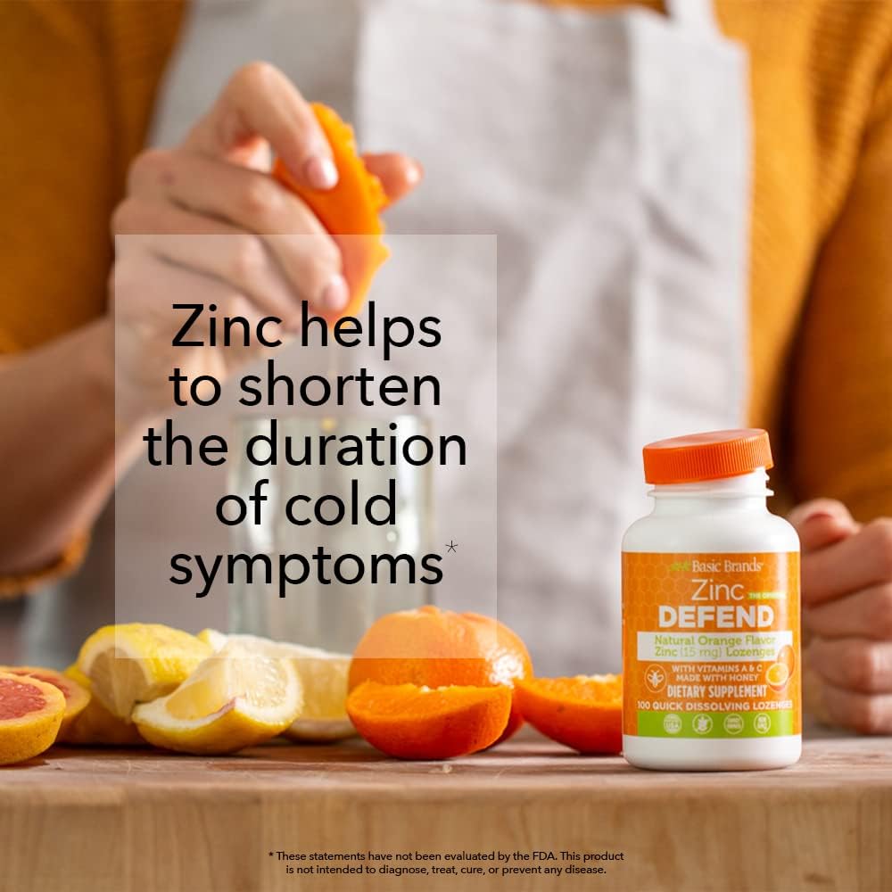 Back view showing nutrition and ingredients on Basic Brands Zinc Lozenges orange