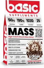 Front view of BASIC SUPPLEMENTS Mass Gainer Cookies and Cream 15 lb tub